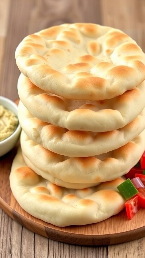 A stack of golden yeast-free pita bread on a wooden board with a bowl of hummus and fresh vegetables.